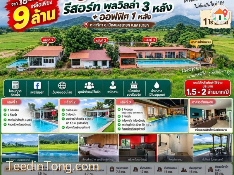 ขายกิจการรีสอร์ท พูลวิลล่า 3 หลัง ออฟฟิศ 1 หลัง ต.สาริกา อ.เมืองนครนายก ขายพร้อมกิจการ พร้อมระบบ พร้อมรับช่วงทำต่อได้เลย