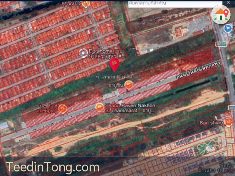 ขายที่ดินติดถนน ใกล้หมู่บ้านเมืองทอง เมืองนครศรีธรรมราช จังหวัดนครศรีธรรมราช เนื้อที่ 16 ไร่ 3 งาน 80 ตารางวา